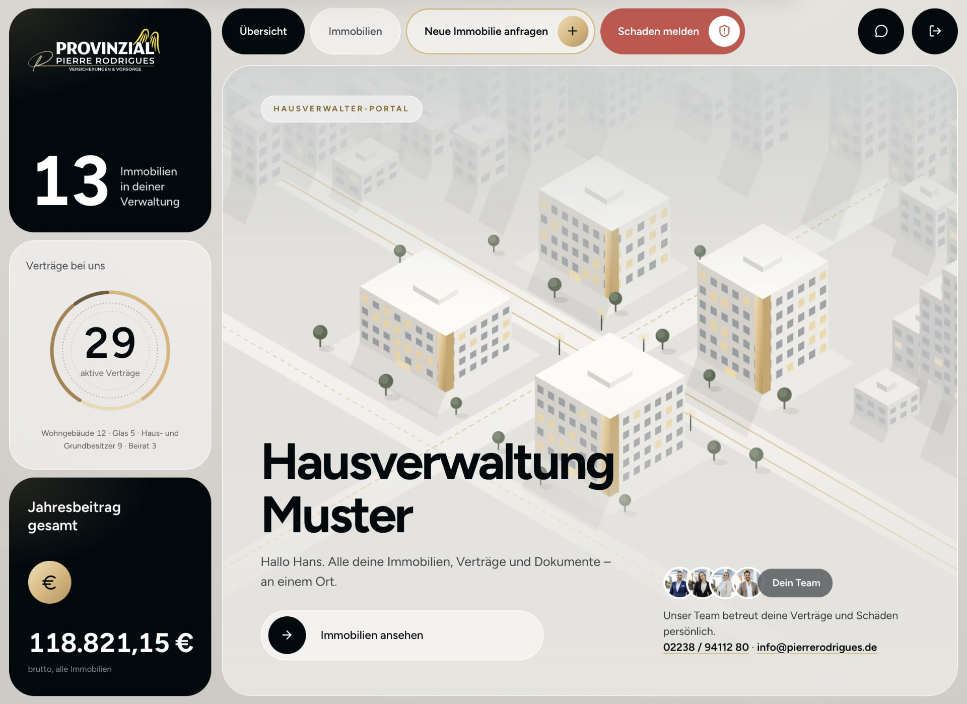 Das Hausverwalter-Portal: Übersicht mit Immobilien, Verträgen und Jahresbeitrag